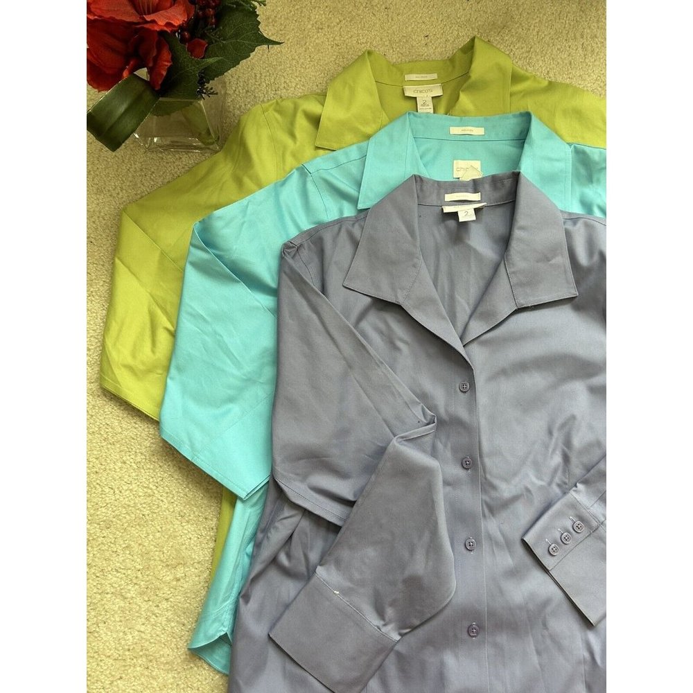 Chicos Women's Multicolor No Iron Button Up Dress Shirt 3 Piece‎ Lot Size L/ 2